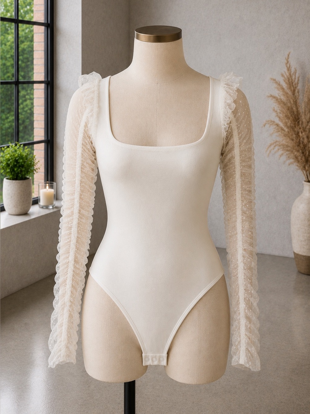Free People Must Be Love Tulle Trim Long Sleeve Bodysuit Ivory M